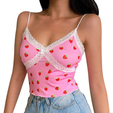 Pink Strawberry and White Lace Camisole Top: Cute top for indoors, outdoors, clubbing or nightwear from NSE Imports #1.